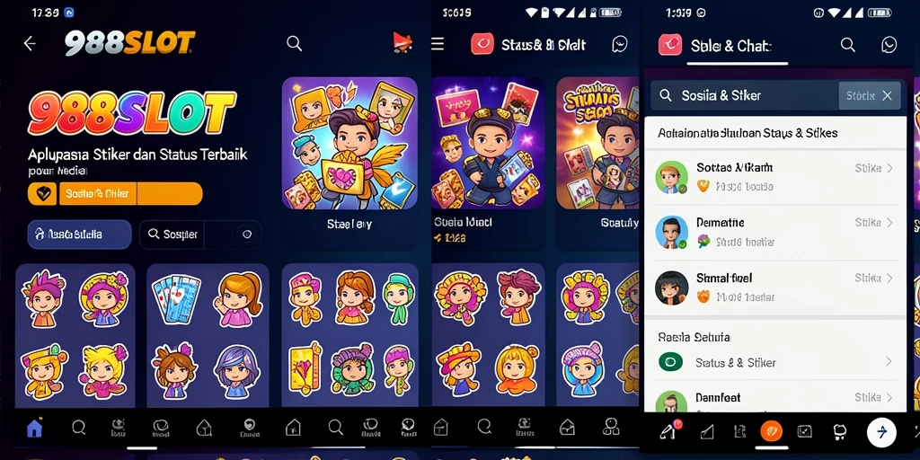 Antarmuka aplikasi 988SLOT dengan berbagai pilihan stiker dan status.