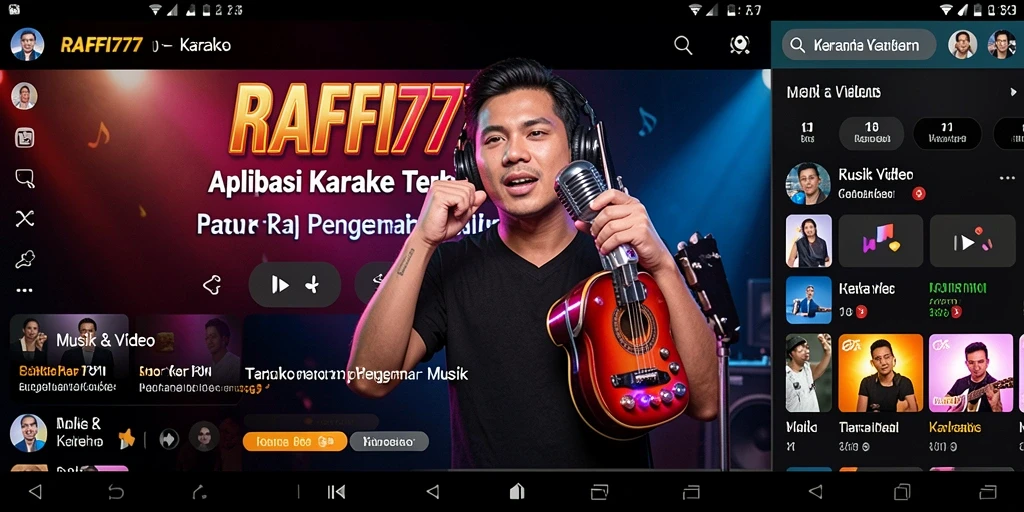 Antarmuka aplikasi RAFFI777 menampilkan berbagai opsi lagu dan fitur karaoke.